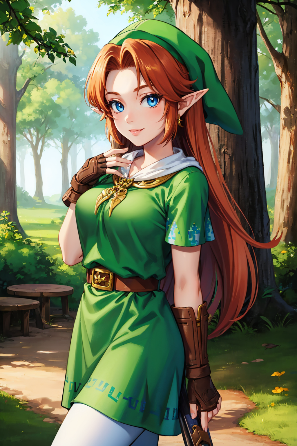 masterpiece, best quality, 1girl, solo  <lora:cremia-nvwls-v1-000009:0.9> cremia, orange hair, pointy ears, green tunic, pointy green hat, link, looking at viewer, wink, smile, forest, breasts <lora:ootlink-nvwls-v1:0.6> hat, green tunic, belt, fingerless gloves