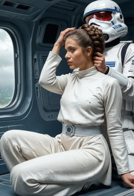 score_9, score_8_up, score_7_up, rating_explicit, realistic, masterpiece, by Serpieri, best quality, very aesthetic, star wars characters, (tall storm trooper:1.7), (petite princess leia:1.7), worried, kneeling, white gown, storm trooper, hair grab, star wars, space ship interior, scifi,