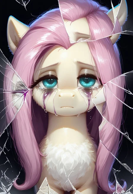rating_questionable, score_9, score_8_up, score_7_up, pony, feral, fluttershy, reflection, Broken glass, dark theme, moody, bags under eyes, depressed, purple blood, scars, charming eyes, small tears, detailed, realistic, BREAK, zPDXL3, MegaFluffyPony, fluffy, shiny,
