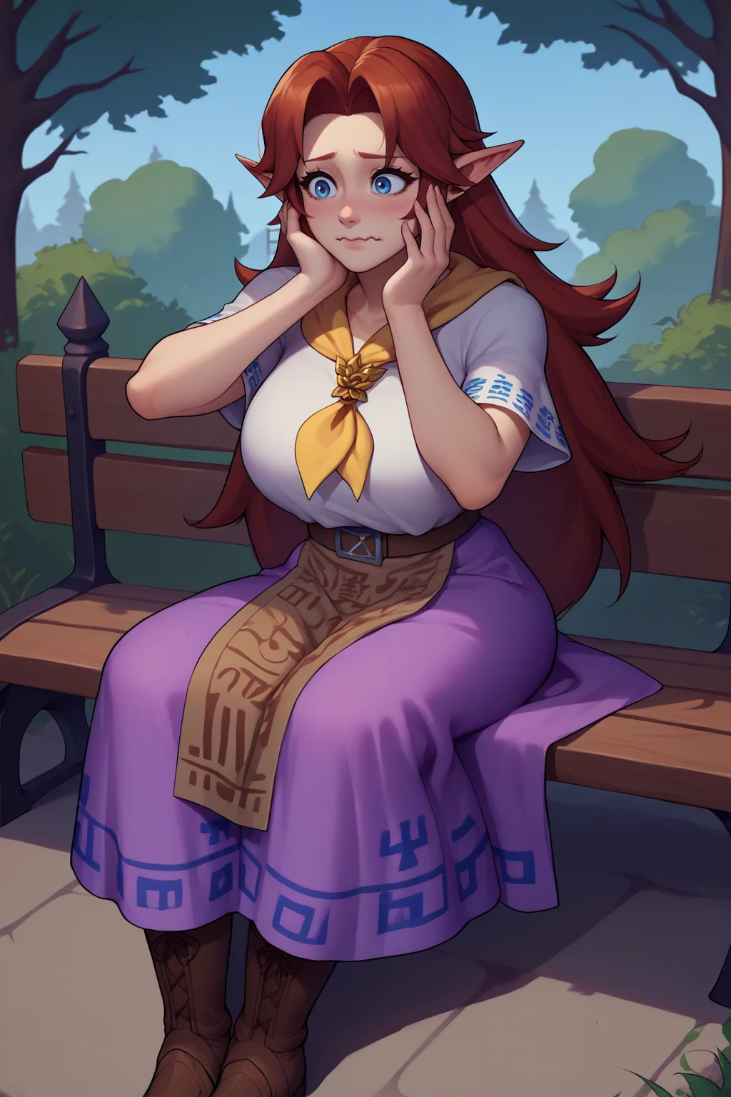 score_9, score_8_up, score_7_up, score_6_up, source_anime, 1girl, solo, <lora:malon-pdxl-nvwls-v1-000005:1> cremia, red hair, long hair, pointy ears, white shirt, yellow neckerchief, short sleeves, belt, purple skirt, long skirt, brown apron, brown boots, big breasts, sitting, bench, blush, wavy mouth, hand to own face, trees, fence