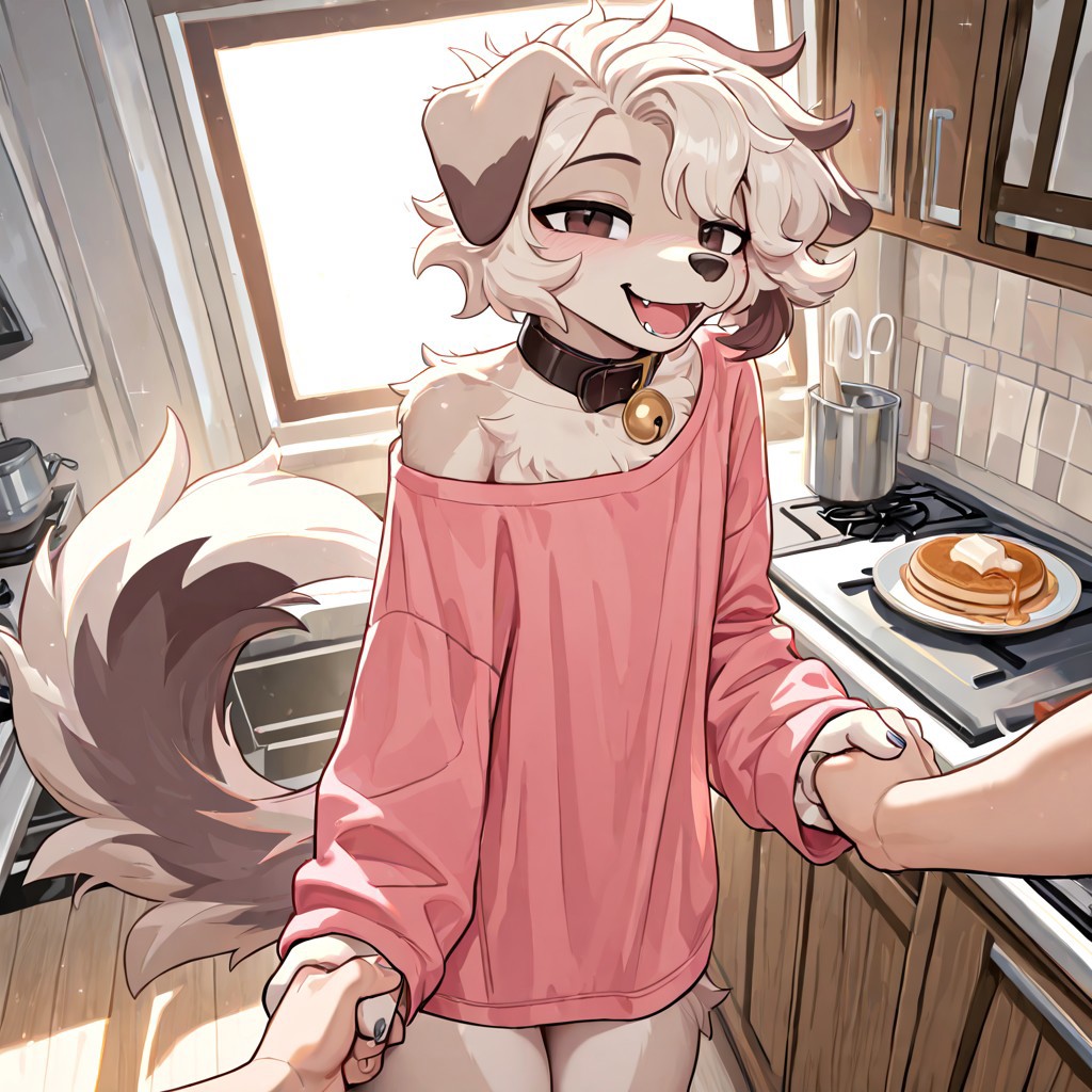 masterpiece, best quality, newest, absurdres, highres, furry, perfect anatomy, detailed background, detailed character, detailed face, 1nf1,1girl,solo,furry,furry female,dog girl,dog ears,short hair,white hair,brown eyes,snout,animal nose,collar,neck bell,body fur,two-tone fur,dog tail, indoors, kitchen, pancakes, pink shirt, oversized shirt, shirt to legs, sleepy, messy hair, messy fur, smile, happy, standing, baggy eyes, half-closed eyes, ambiant lighting, sunlight through window, having fun, laughing, looking to side, looking at viewer, holding hands, human viewer,