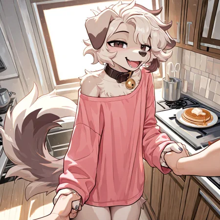 masterpiece, best quality, newest, absurdres, highres, furry, perfect anatomy, detailed background, detailed character, detailed face, 1nf1,1girl,solo,furry,furry female,dog girl,dog ears,short hair,white hair,brown eyes,snout,animal nose,collar,neck bell,body fur,two-tone fur,dog tail, indoors, kitchen, pancakes, pink shirt, oversized shirt, shirt to legs, sleepy, messy hair, messy fur, smile, happy, standing, baggy eyes, half-closed eyes, ambiant lighting, sunlight through window, having fun, laughing, looking to side, looking at viewer, holding hands, human viewer,