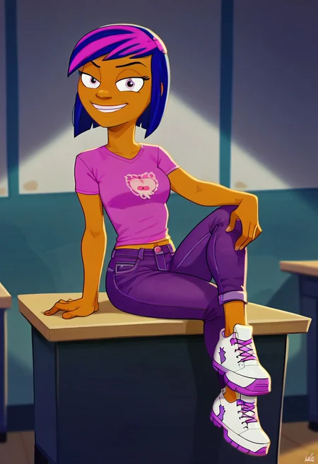 score_9_up, score_8_up, score_7_up, ThraKrplpls_RafA, 1 girl, solo, multicolored hair, blue hair, short hair, tan skin, pink t-shirt, purple denim jeans, white shoes, smiling, looking at viewer, sitting, sitting on desk, tall, tall height,