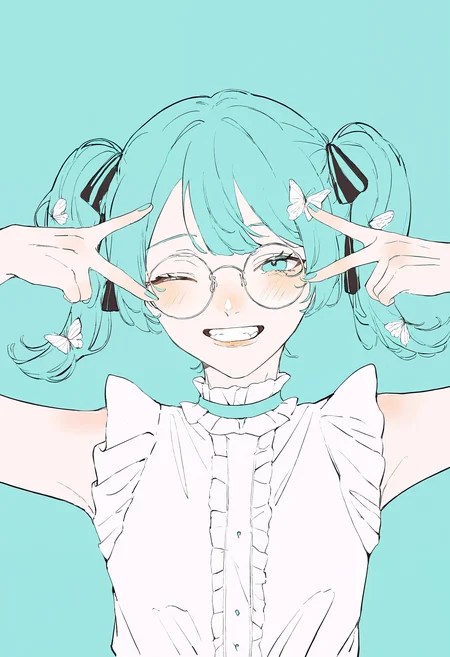 masterpiece, highres, absurdres, newest, very awa, blending, 1girl, solo, round face, hatsune miku, aqua hair, twintails, butterfly hair ornament, frilled shirt, sleeveless shirt, frilled choker, center frills, v over eye, wink, round eyewear, aqua background, <lora:spo_sdxl_10ep_4k-data_lora_webui>, <lora:TA_trained:0.35>, <lora:NOOB_EPSv1_1_detailer_by_vlnvk_v0_5>, <lora:shim_46:0.8>