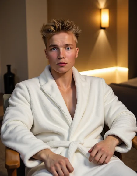TimLaurez: , high-resolutiuon photograph, wearing fitted fluffy white bathrobe. He is sitting on a chair in the spa area of a luxurious hotel. The light creates a calming atmosphere. Cinematic still. Fullbody-shot. View from below
  <lora:aidmaRealisticSkin:0.3>     <lora:TimLaurez:1>
