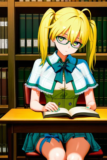 (masterpiece, best quality, game cg,highly_detailed,extremely_detailed_CG_unity_8k_wallpaper,illustration,highres,absurdres:1.2),1girl,solo, <lora:Ginny_RBL-IL:0.8>GinnyRBL,blonde hair,twintails,ahoge,hair ribbon,green eyes,mole under one eyes,glasses,capelet,neck bow,pleated shirt,nail polish,green nails,skirt,thigh ribbon,stocking,sitting,looking at viewer,reading a book,sitting on a chair,chair,desk,librairy,bookshelves