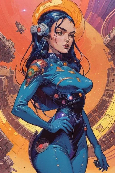 2d artwork, line artwork, comic aesthetics, (portrait:1.5), gorgeous space woman, looking at viewer, surreal, breathtaking high-tech hardware background, line noise, ancient, retrofuturism, old comic paper,