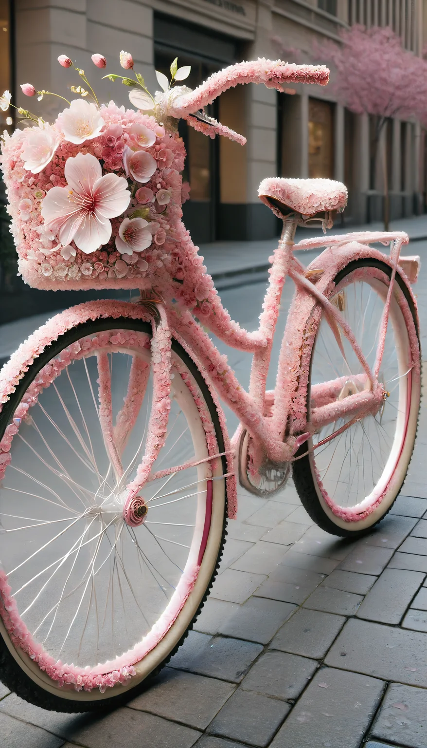 highly detailed, realistic, fine fabric detail, absurdres, highly-detailed, best quality, masterpiece, very aesthetic, a wide-frame full-body shot of a bicycle made of sakura featured in a city street setting. no humans