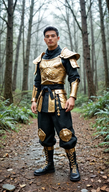 score_9, score_8_up, score_7_up, Raw Photo, Full Body Shot, Man, Samurai, asian, wearing shiny satin black and gold metal armor, intricate ornate weaved gold filiegree, in a snowy forest, full body cinematic lights, depth of field, dynamic angle, photo realistic:1.4, realistic skin:1.4, fashion photography, sharp, analog film grain, hyperdetailed:1.15