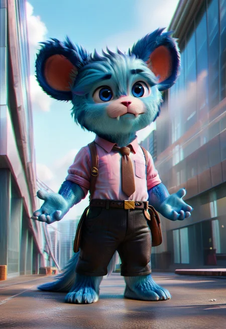 (((Barefoot furry character, full body, cinematic setting, furry male, plantigrade))) 
(((nubs_pooba))) dressed as (((businessman))), standing before (((modern glass and steel office building))), (((wearing pink shirt with brown necktie and long black pants))), stern, strict, ((arrogant))), blue fur, blue eyes, round ears, two little fangs, holds paper plates. semi-realistic animation
BREAK, intricate details, highly detailed, extreme detail, octane render, fine art, best quality, highres, (detailed face:1.5), ((full_body)), UHD, (((perfect hands))), ((low light:1.5))