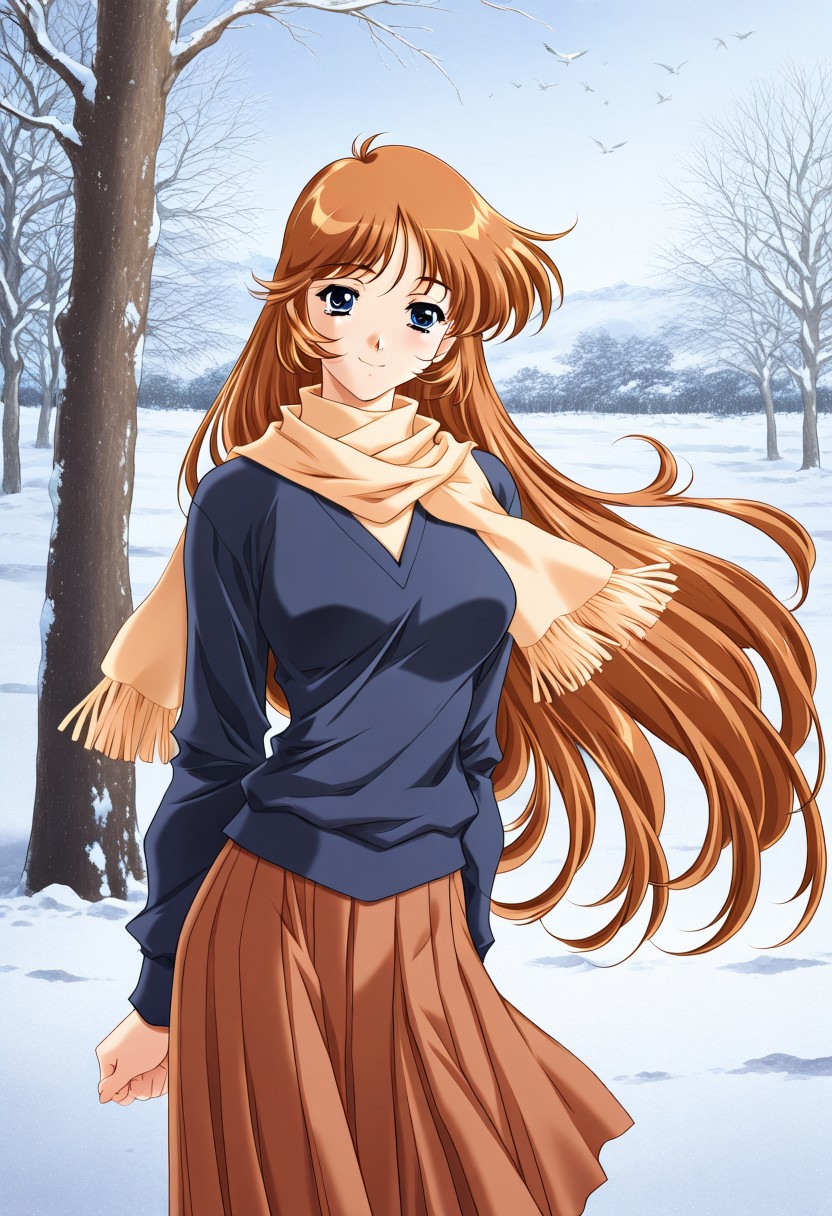 masterpiece, best quality, newest, highres, uncensored, 1girl, yokota mamoru style,1girl, slender face，motion lines,Kobayakawa_Mizuho, blue eyes, very long hair, orange hair, bangs, breasts,Brown Hair , Waist Length hair, Blue Eyes,1990s (style),slim,solo,distance view,
1girl, snow, black hair, scarf, tree, bird, brown hair, outdoors, blue eyes, winter, skirt, day, long hair,smile
