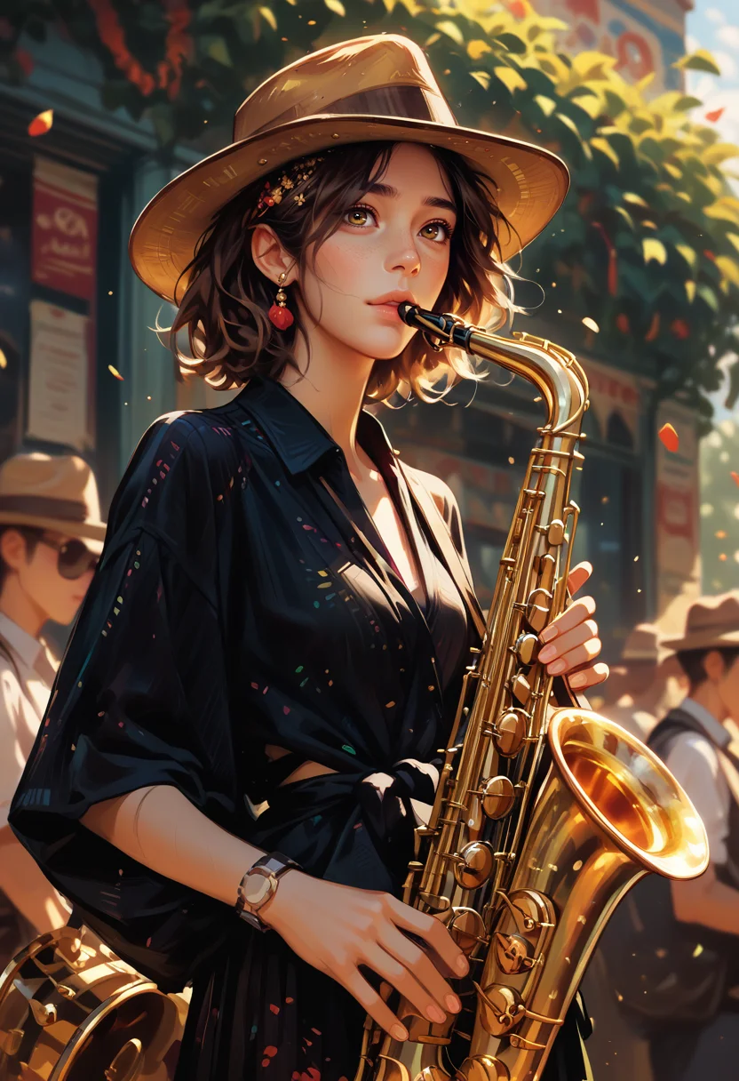 score_9, score_8_up, score_7_up, score_6_up, score_9, score_8_up, score_8, 1woman, SH_S4X, standing, carnival, instrument, solo, solo focused, fedora, hazel eyes, playing instrument, <lora:Sheeps_Saxophone:0.8>