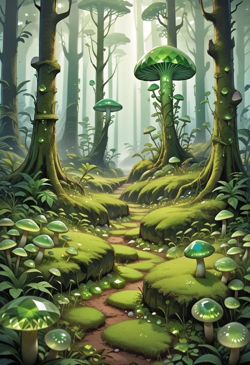 score_9, score_8_up, score_7_up, score_6_up, landscape, mushroom made of hud_per1d0t_wrld, green gemstone, crystal, gem, shiny, forest, glowing