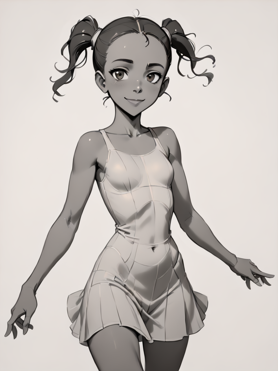 score_9, score_8_up, score_7_up,  score_6_up, BREAK, Sk3tch, sketch, monochrome, <lora:Sketch:1> L1ttl3Ti4n4, 1girl, solo, black hair, brown eyes, twintails, dark-skinned female, dress, smile, looking at viewer <lora:Little_Tiana:0.8>