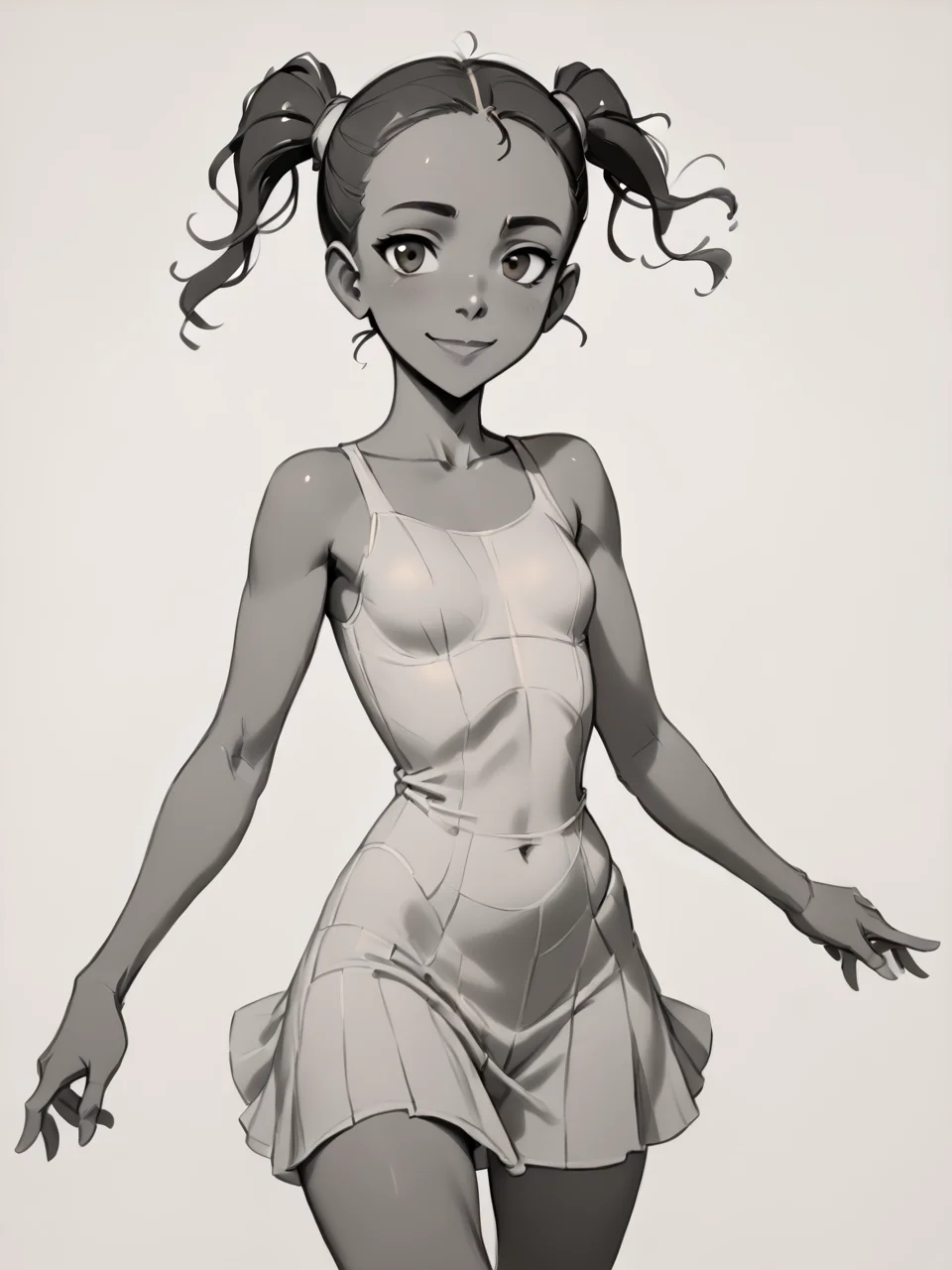 score_9, score_8_up, score_7_up, score_6_up, BREAK, Sk3tch, sketch, monochrome, <lora:Sketch:1> L1ttl3Ti4n4, 1girl, solo, black hair, brown eyes, twintails, dark-skinned female, dress, smile, looking at viewer <lora:Little_Tiana:0.8>