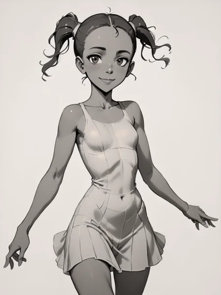 score_9, score_8_up, score_7_up, score_6_up, BREAK, Sk3tch, sketch, monochrome, <lora:Sketch:1> L1ttl3Ti4n4, 1girl, solo, black hair, brown eyes, twintails, dark-skinned female, dress, smile, looking at viewer <lora:Little_Tiana:0.8>
