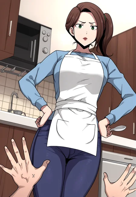 score_9,style by terasu mc BREAK kitchen,blurry background,depth of field BREAK pov hands,<lora:mori-terasumc-xl:0.8>,mori_kaede_\(terasu_mc\),from below,looking down,hands on own hips,white apron,skinny jeans,tight pants,disappointed,looking at viewer,brown hair,side_ponytail,green eyes,lips,