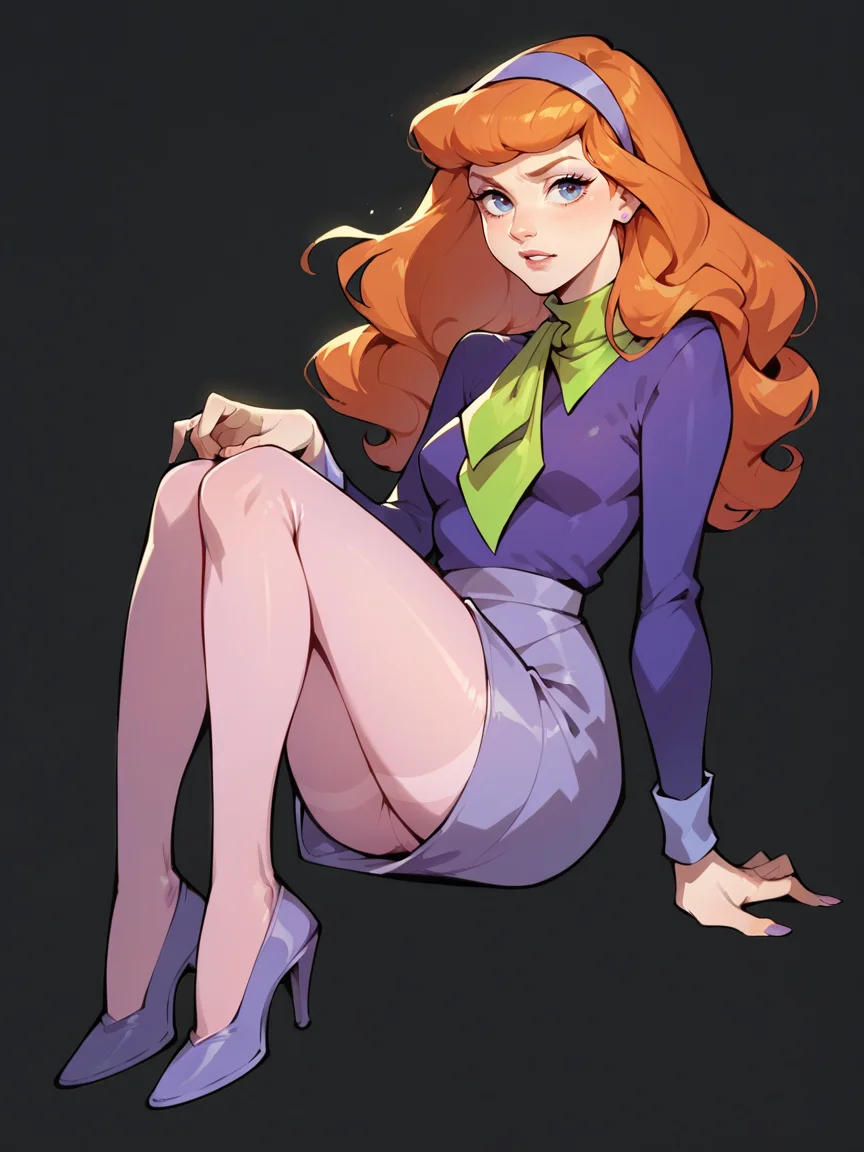 score_9, score_8_up, score_7_up, score_6_up, score_5_up, <lora:DaphneBlakeXLP:0.6> daphne blake, 1girl, solo, hairband, long hair, pantyhose, orange hair, high heels, black background, skirt, shirt