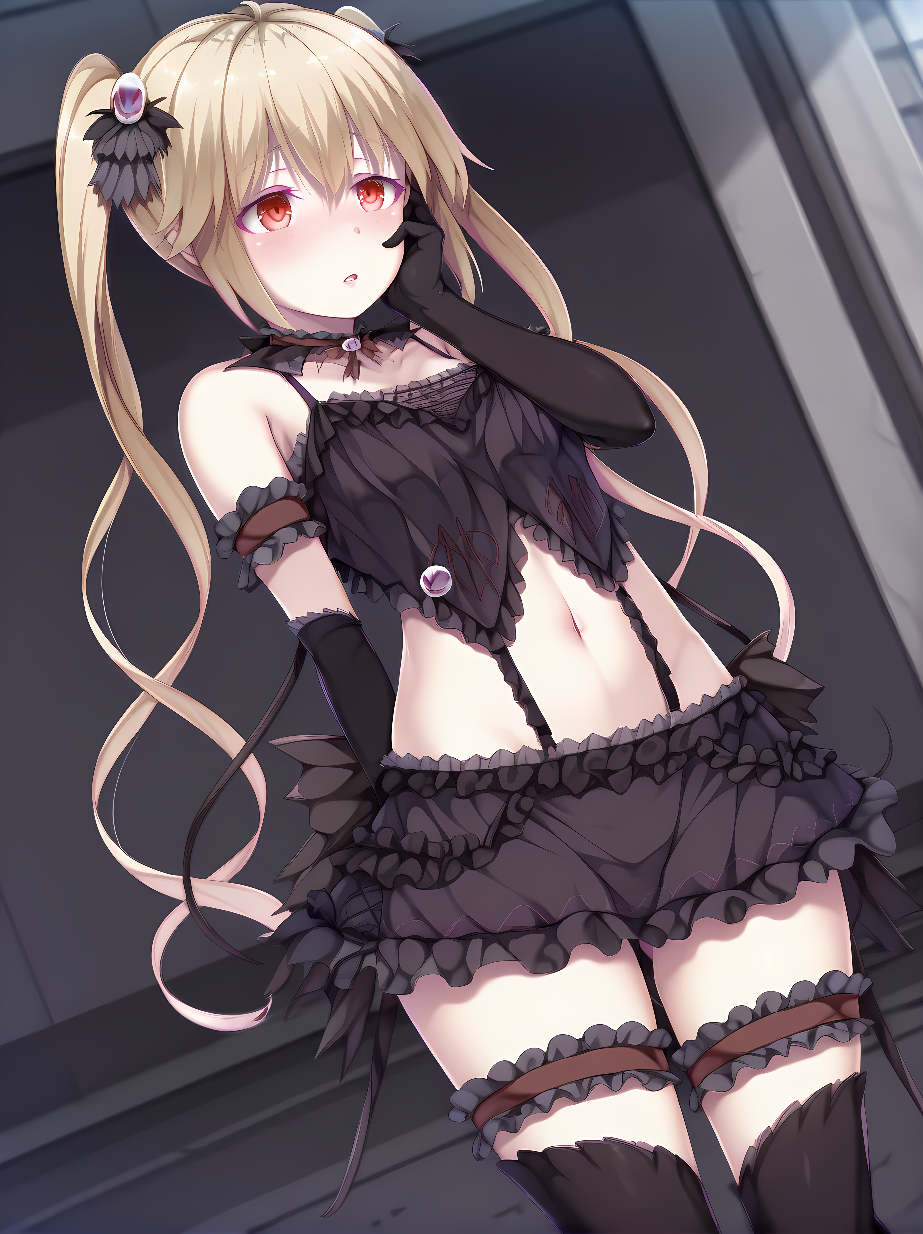 <lora:Kirishima_Reon_-_Yamizome_Revenger_-_Escude:1>,1girl,escude,reon,evil outfit,medium breasts,outdoors,standing,simple background,dutch angle,arms behind back,parted lips,dark persona,hand on own cheek,, masterpiece,best quality,amazing quality,