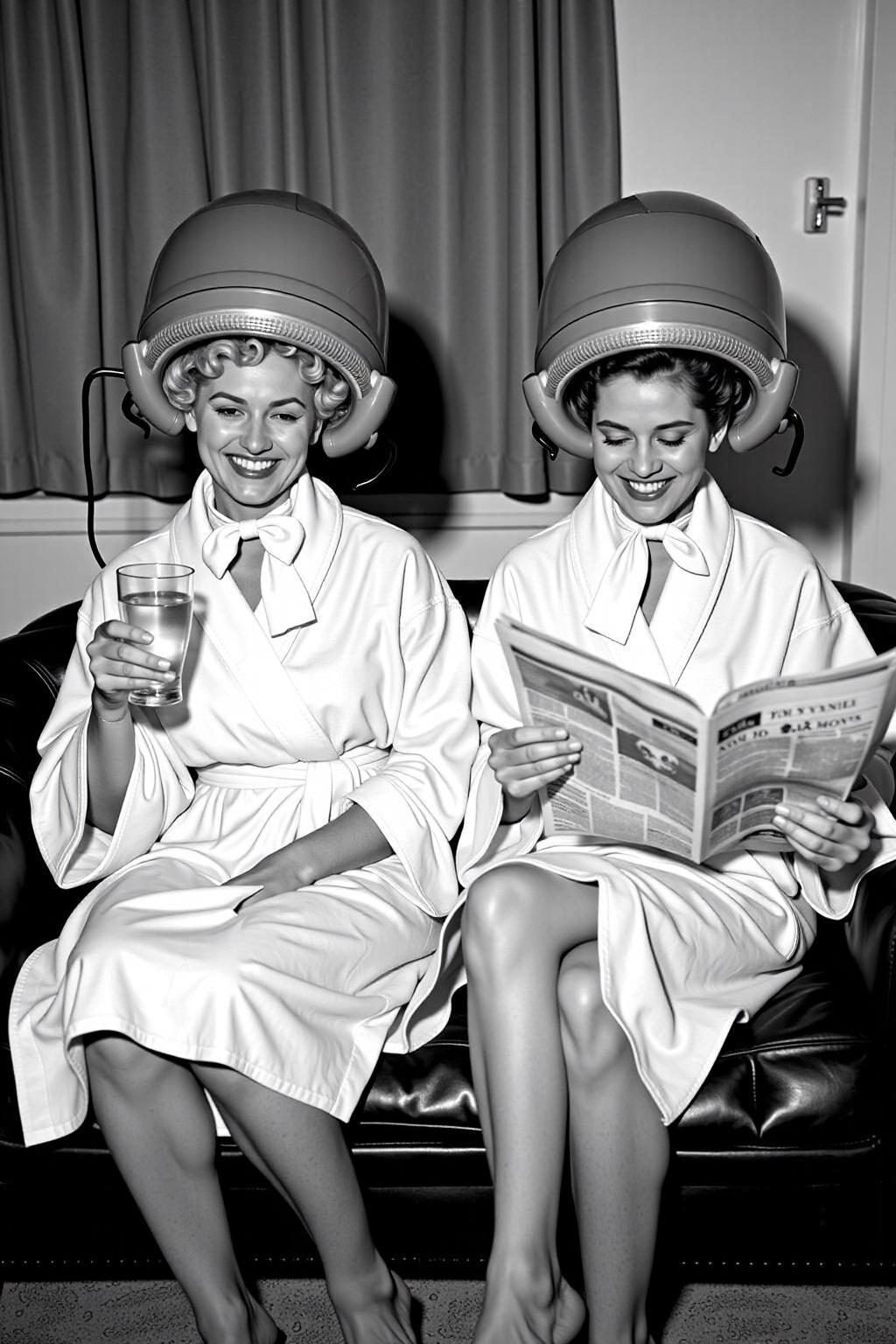 black and white photograph, two women are seated on a black couch, each dressed in a white robe, adorned with a white bow tie and a white scarf. The woman on the left is holding a glass of water, while the other woman is reading a newspaper. Both women are wearing large vintage hair dryer, adorned by a headdress and a matching scarf. They are both smiling, adding a touch of warmth to the scene. <lora:vintage_hair_dryer_v1:1.0> <lora:Flux-Sch-SingleBlocks-BF16:1.0><lora:803949235927009993:0>