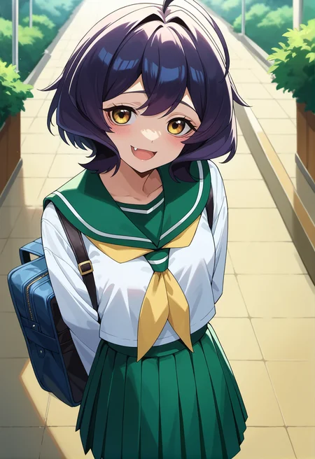 (score_9, score_8_up, score_7_up, score_6_up), source_anime, rating_questionable, BREAK
HiiragiUtena, 1girl, solo, looking at viewer, smile, open mouth, shirt, skirt, long sleeves, school uniform, white shirt, pleated skirt, serafuku, fang, sailor collar, bag, neckerchief, green skirt, yellow neckerchief, green sailor collar, arms behind back,
<lora:GOMG_HiiragiUtena_PD6XL_1:1>