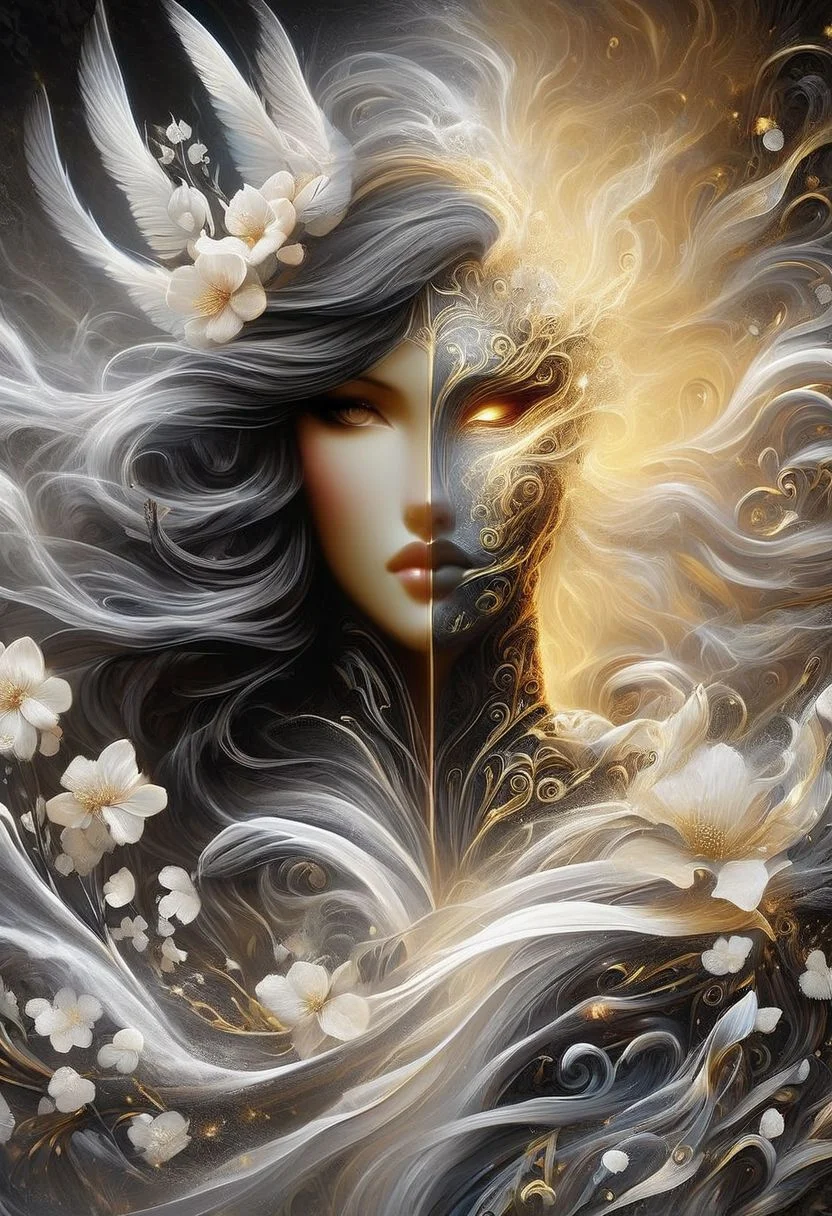 Highly detailed, left hand side white/right hand side air//white/ wind flowing smooth, highly cinematic, close-up image of a goddess of air, perfect composition, beautiful colours, air, flowing wind mist, cold colours, lots of details, water flowers, metallic ink, beautifully lit, a fine art painting by drew struzan and karol bak, gothic art, dark and mysterious, ilya kuvshinov, russ mills