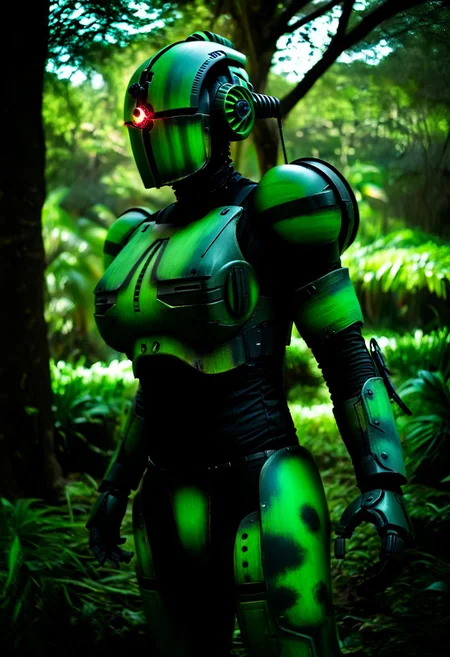 easynegative, extremely detailed, dark, chiaroscuro, low-key, AssaultronCosplay, zavy-strps, a green assaultron robot, ((the assaultron has black stripes painted on its armor)), ((tiger stripe pattern)), in the jungles of vietnam