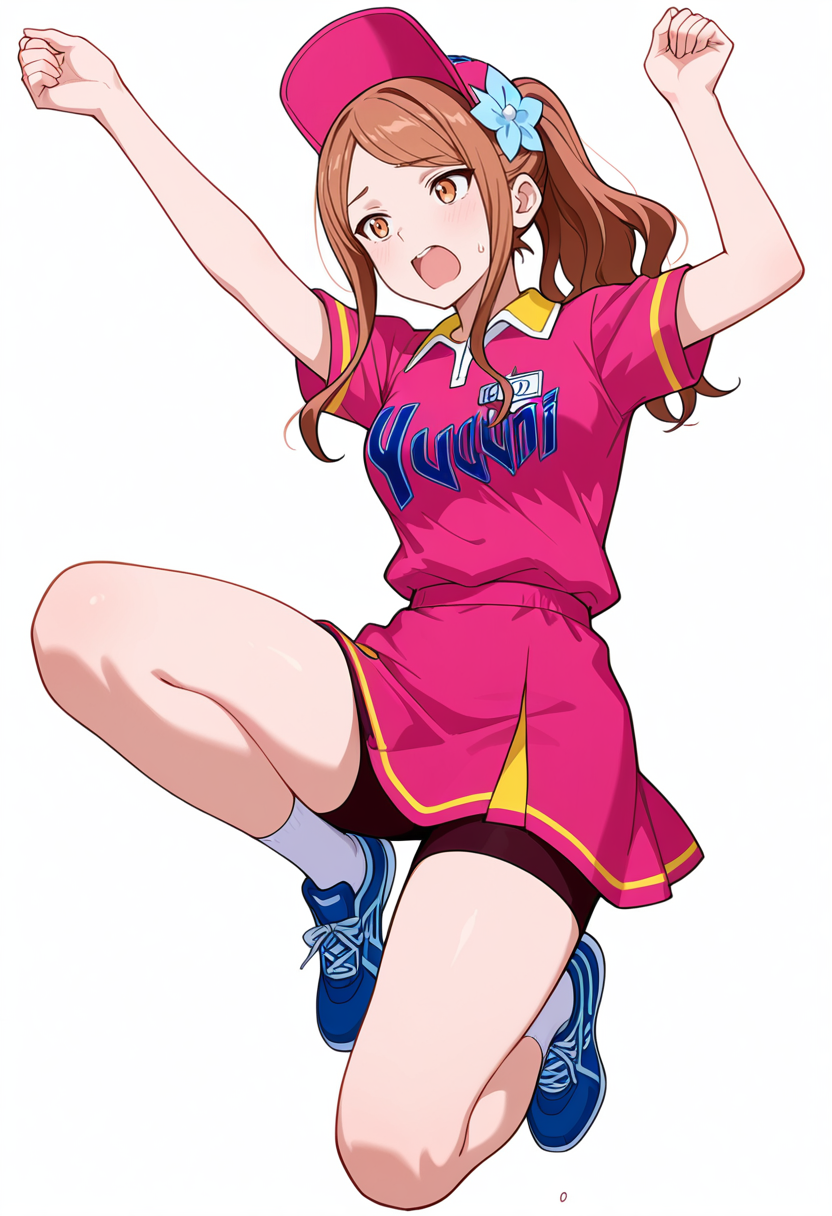 masterpiece,high quality details, absurdres,
 <lora:Aona:0.9>
aona_cnr, 1girl, brown hair, long hair, ponytail, brown eyes, breasts
aona_s1,uniform_cnr, sportswear,pink shirt, short sleeves, shorts,skirt, socks,blue sneakers, hat, hair flower,, simple background, white background, dutch angle,solo,, panicking,crazy,, feet slightly apart,jumping pose,joyful expression,