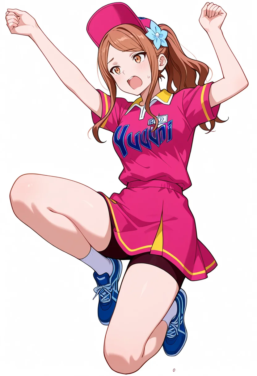 masterpiece,high quality details, absurdres,
 <lora:Aona:0.9>
aona_cnr, 1girl, brown hair, long hair, ponytail, brown eyes, breasts
aona_s1,uniform_cnr, sportswear,pink shirt, short sleeves, shorts,skirt, socks,blue sneakers, hat, hair flower,, simple background, white background, dutch angle,solo,, panicking,crazy,, feet slightly apart,jumping pose,joyful expression,