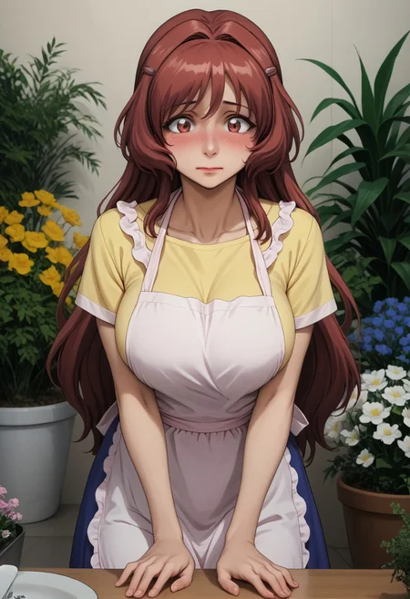 source_anime, ((score_9)),score_8_up,score_7_up,score_6_up,score_5_up,score_4_up, takama_kozue, t4k4m4k0zu3, 1woman, huge breasts, brown_eyes, long hair, red hair, hair intakes, bang, sidelocks, Blush, Full-Faced Blush, Embarrassed, red face, steam, yellow_shirt, blue skirt, highheels, hairclip, ((white apron)), florist, flowers,, masterpiece, best quality