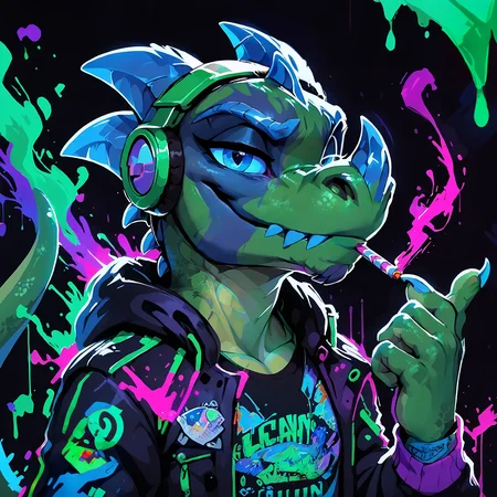 <lora:kabsraptorxl:0.85>, source_furry, (solo:1.2), vergence (kabscorner), anthro, headshot, portrait, cigarette, 1boy, solo, green skin, hoodie, long sleeves, pants, black shirt, (listening to headphones), (foreshortening), bedroom eyes, friendly, smile, detailed scale texture, raptor, lizard, curvy, lizard tail, glistening, scales, realistic detailed skin, green skin, green body, blue eyes, nose horn, blue horns, fangs, blue and purple background, dynamic pose, dutch angle, blue eyes, black canvas, blue face markings,
score_9, score_8_up, score_7_up, <lora:add-detail-xl:1.4>, <lora:fortnitelsxl:0.8> fortnitelsxl, graphic novel, ink lined illustration, thick multicolored outline, aura, purple energy, multicolored background, <lora:Realistic_2.5DAnime_Merge1:0.4>, <lora:incase---1:0.3>, <lora:D4rC0mXLP:0.3> D4rC0m, <lora:g0th1cPXL:0.6> g0thicPXL, glowing, neon, <lora:Neon_Style_XL:0.3> neon_style, <lora:Manga_Action_Shot:0.8> action shot