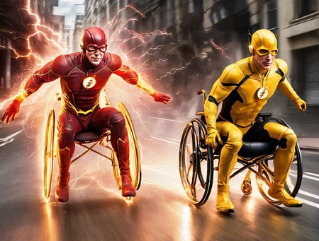 flash barry allen on wheelchair and reverse flash eobard thawne on wheelchair racing on street, motion blur, speed trails, electricity burst, flying sparks, steam blast