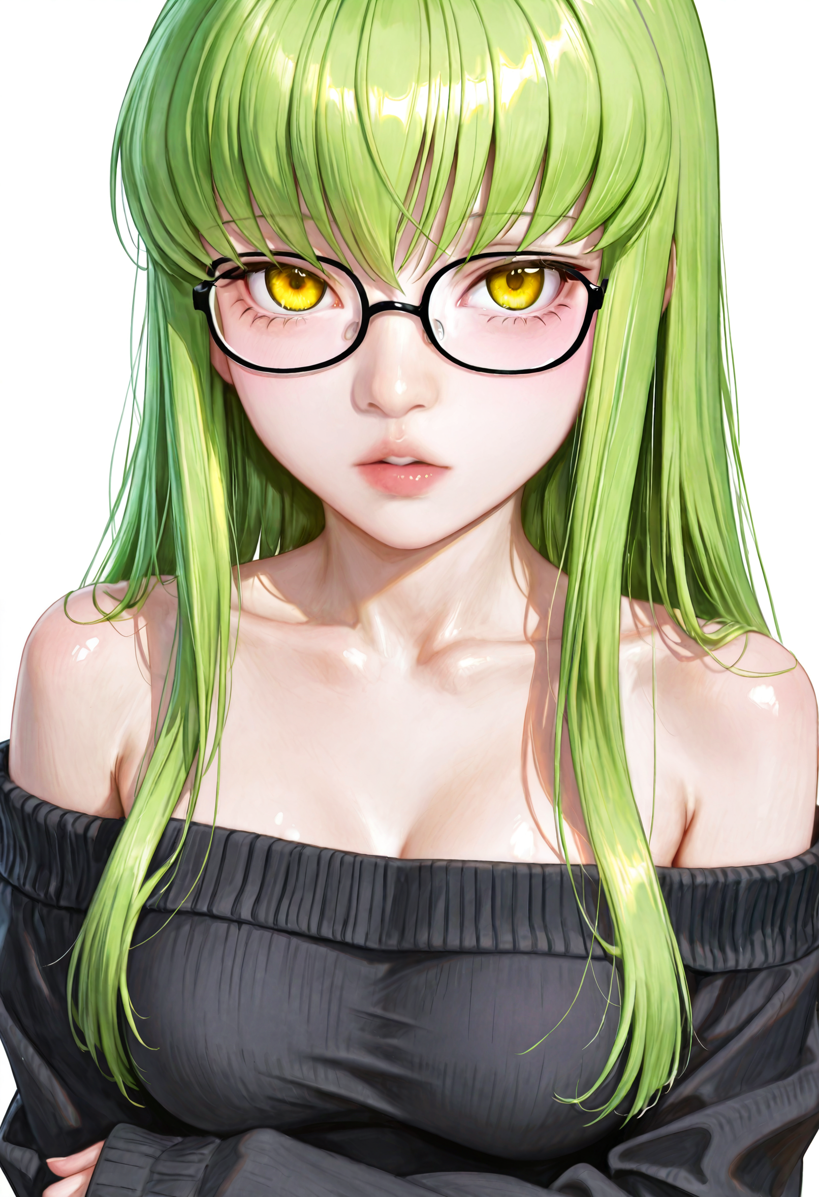 <lora:5p257uY55m95pyI5YWJ-illustriousXL_v01_V4-CAME-000035>, 5p2/57, c.c., realistic, 1girl, solo, long hair, green hair, glasses, white background, off shoulder, simple background, yellow eyes, sweater, bare shoulders, upper body, black sweater, sleeves past wrists, off-shoulder sweater, breasts, looking at viewer, straight hair, black-framed eyewear, long sleeves, bespectacled, collarbone, parted lips, medium breasts, off-shoulder shirt