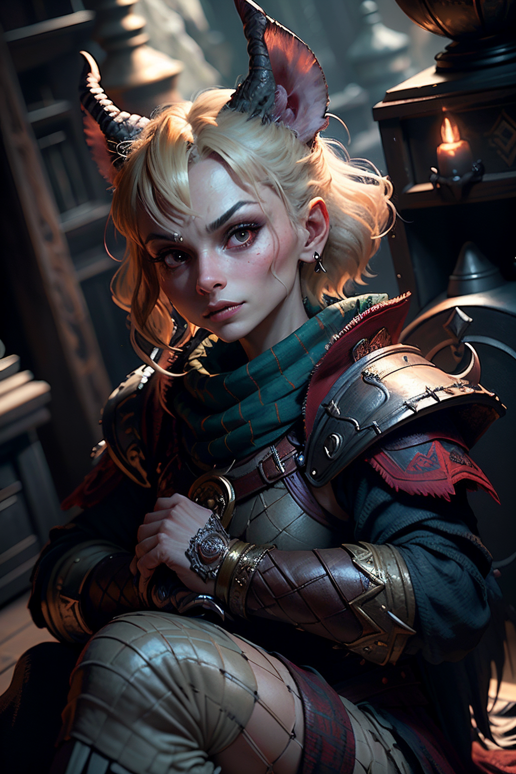<lora:RPGKobald:1>  kobald:1.2, solo, red eyes, fangs 1girl Poodle Haircut in blonde  with teal  eyes  and Tapered eyebrows , ranger wearing ranger outfit holding long bow  wide angle, Dreamlike realm with surreal landscapes and floating islands. in background, realistic:1.2,  masterpeice, ultradetailed, intricate details, perfect quality, ultrashapr, ultradetailed, photorealistic, perfect shadows, profesional lights, realistic, blurry, boekh, masterpiece light works,depth of fiel, ultradetailed character, pefect quality, maximum quality, intricate details, detailed face  By jeremy mann, by sandra chevrier, by maciej kuciara, sharp, (perfect, body:1.1), realistic, real shadow, 3d, (dark castle background:1.2), (by Michelangelo), (profesional lights:1.3) (profesional photography:1.3), full body shoot, concept art of medieval rpg character,Resting against a pile of vintage suitcases, she prepares for a journey of discovery and self-reflection