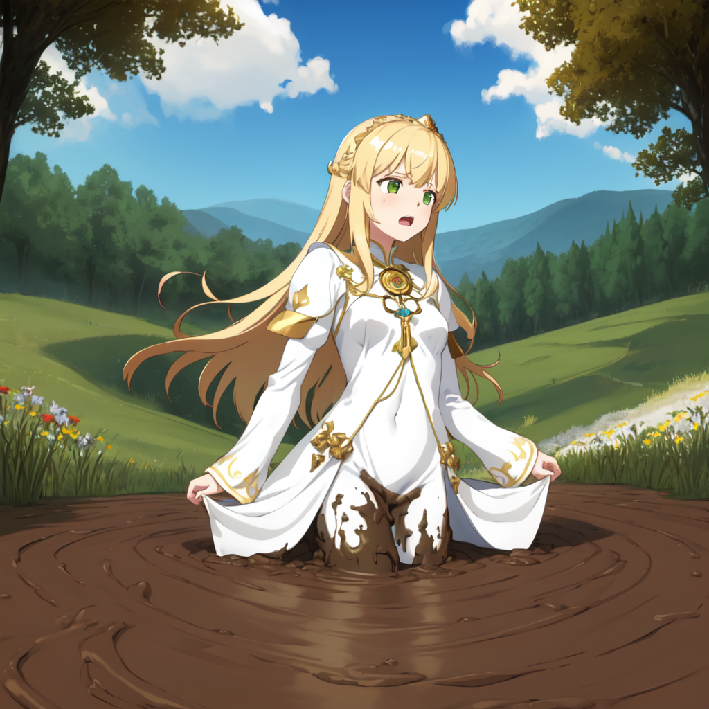 masterpiece, best quality, digital art, deviantart, 1girl, golden hair, medium breasts, small waist, white dress, gold ornaments, priestess, green grass, hills in the distance, trees, flowers, blue sky, partially submerged, brown mud, mud bog, sticky mud, scared, worried, screaming, close up