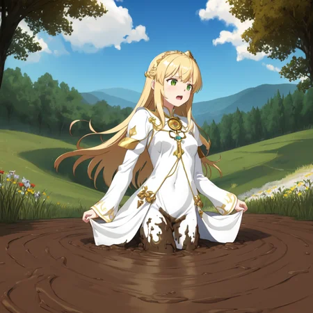 masterpiece, best quality, digital art, deviantart, 1girl, golden hair, medium breasts, small waist, white dress, gold ornaments, priestess, green grass, hills in the distance, trees, flowers, blue sky, partially submerged, brown mud, mud bog, sticky mud, scared, worried, screaming, close up