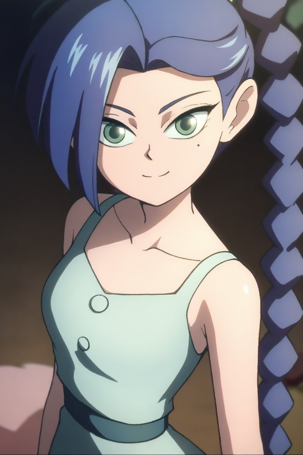 <lora:meihuashisan:1>,meihuashisan,1girl,solo,long hair,blue hair,mole,mole under eye,green eyes,
braid,dress,collarbone,single braid,
smile,looking at viewer,, masterpiece,best quality,amazing quality,absurdres, anime screenshot, lazypos ,