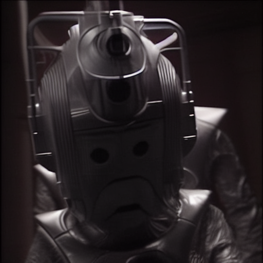 A Cyberman climbing up stairs with only its upper body visible