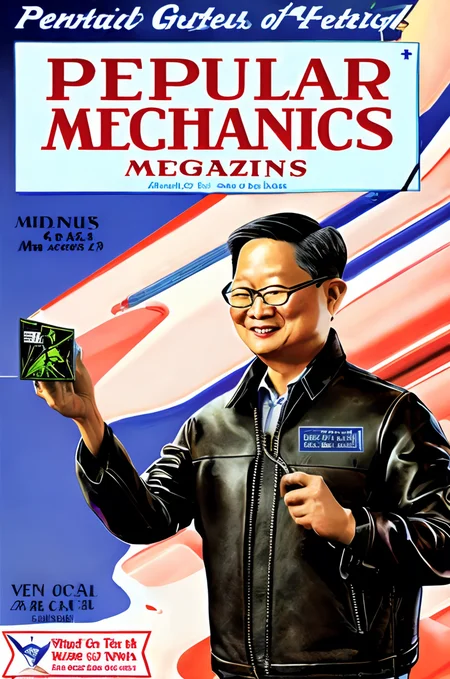 magazine cover of the popularmechanics magazine with the (portrait of nVidia CEO Jensen Huang:1.2) in his leather jacket and glasses showing RTX (GPU graphics card:1.2), high quality, high resolution scan, intricate detail  <lora:hjpopularmechanics_v10:0.8>