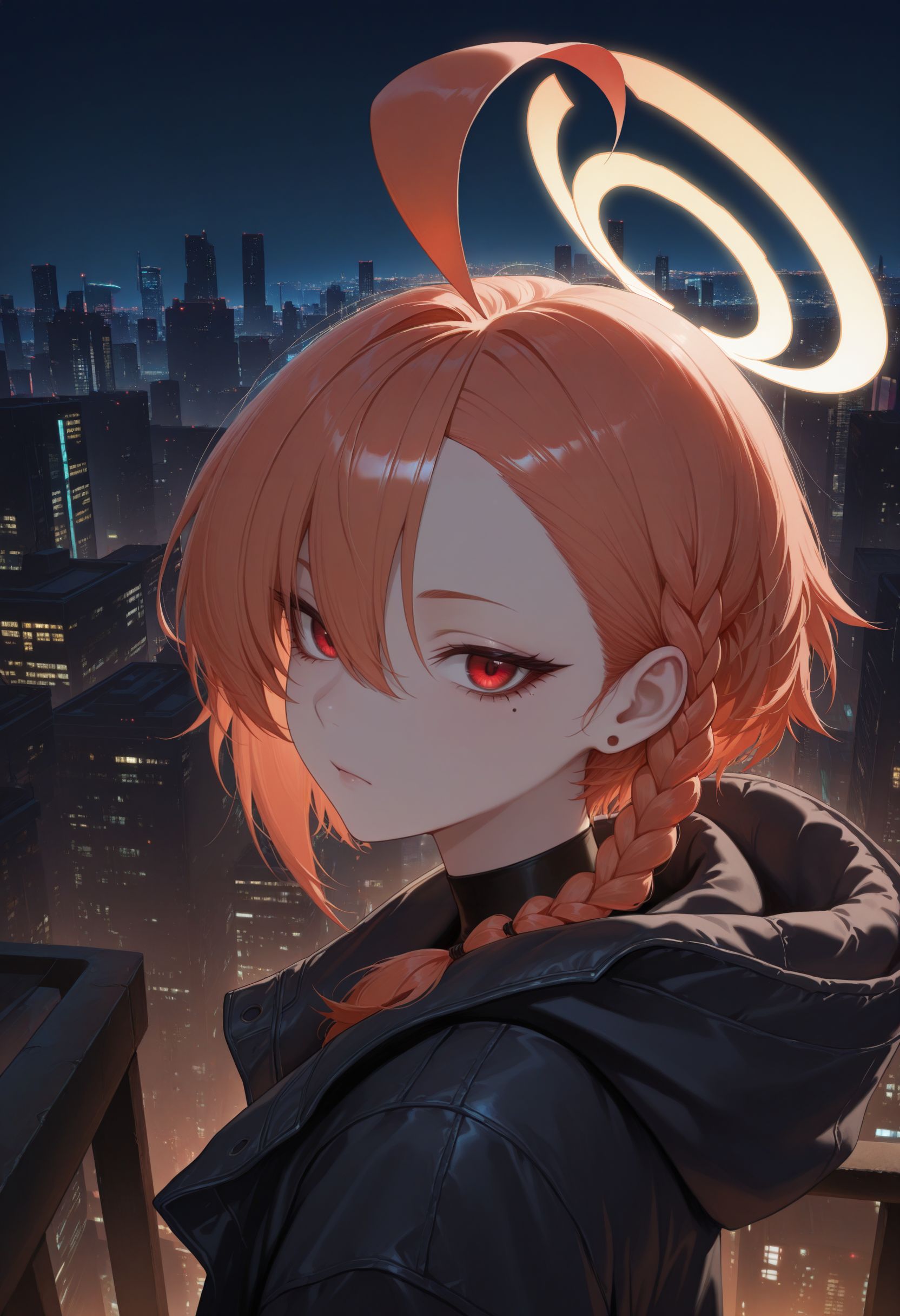 masterpiece, best quality, newest, very awa, looking at viewer,
 <lora:Neru illu:1> 1girl, halo, mole under eye, red eyes, orange hair, single braid, ahoge, short hair, huge ahoge, asymmetrical bangs,
, outdoors, night, cityscape, cyberpunk,