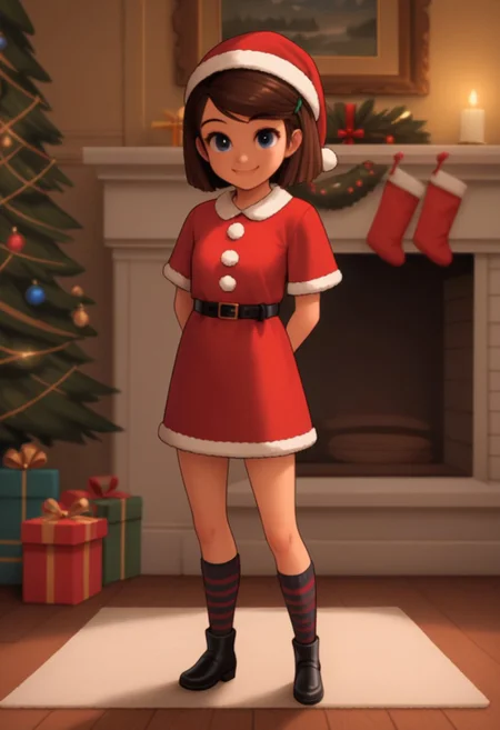 score 9, score 8 up, 1girl, solo, tabitha templeton, short hair, brown hair, blue eyes, santa Claus suit, black belt, santa Claus hat, skirt, striped socks, looking at viewer, smile, fullbody, interior, 2d, short, cute, source_cartoon, young, christmas tree, gifts,