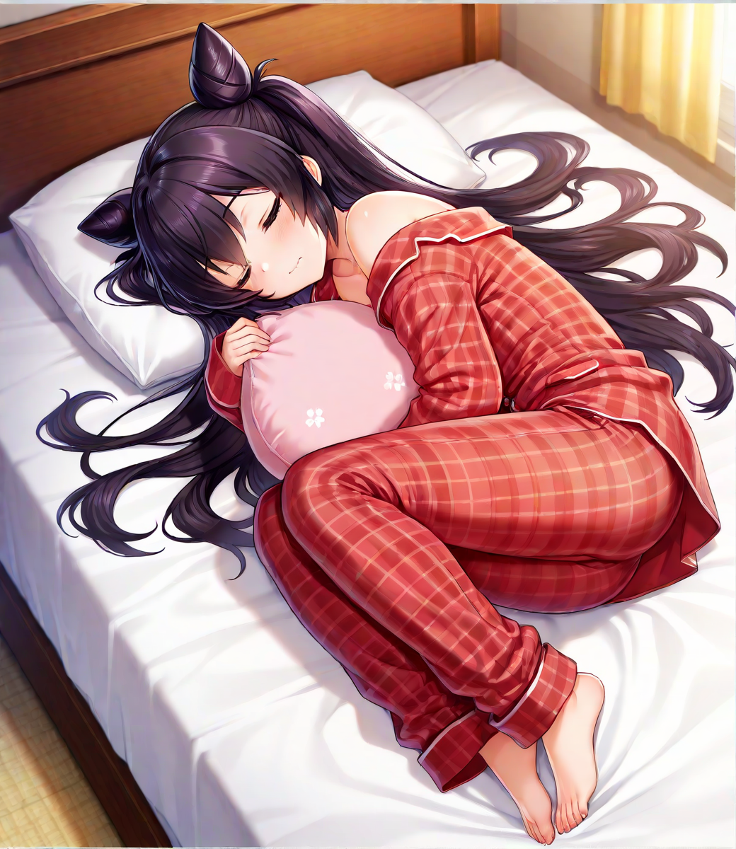 <lora:Hyper-SDXL-8steps-lora:1>, (masterpiece),(best quality),(ultra-detailed),(best illustration),(absurdres),(detailed background),(very aesthetic),  1girl, solo, HimekawaJP, double hair cone,  long hair,   <lora:HimeYaku-ILXL:1> flannel pajamas, closed eyes, pillow under arm, closed eyes, wavy mouth, sleeping, oversized clothes, lying on bed, splayed out, full body