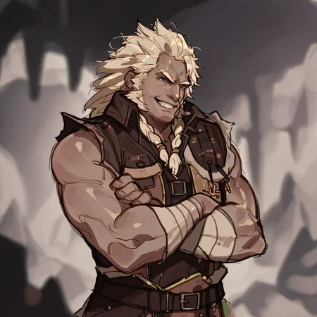 Score_7_up, score_8_up, score_9, 2d, sketch, solo male, theAdmiral, mature male, dark skin, spiky hair, braids, cowboy shot, crossed arms, grin, indoors, cave, blurry background,