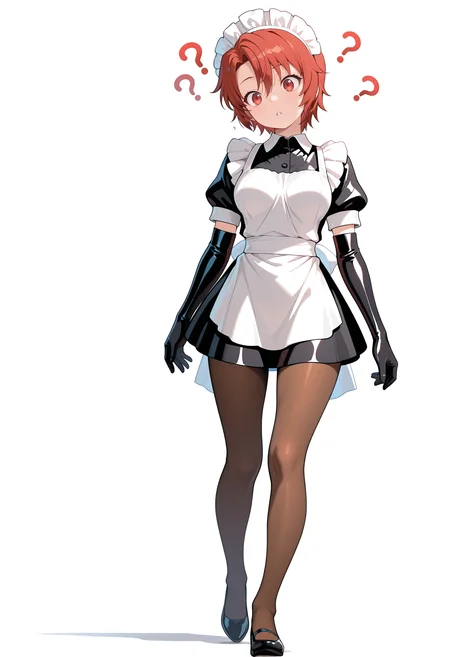 1girl,solo,
madoi,
red hair,short hair, red eyes, hair between eyes,
maid,maid headdress,white apron,black dress,short dress,puffy short sleeves,  elbow gloves, black gloves, latex gloves,  collared dress, brown pantyhose, black footwear, no neckwear,
medium breasts,tall,
parted lips, ?, ??, confused, head tilt, walking,
full body,
white background,simple background,
masterpiece,best quality,amazing quality,very aesthetic,absurdres,newest,
<lora:reduce_wrinkles_illstriouosv0.1_ADDifT_2_in_1_v1.2:0.8>,  <lora:99coins_nijiura_maid_IL_v7_15:1>