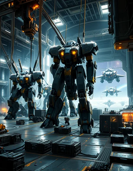 A massive, futuristic spaceship hangar filled with towering battle mechs undergoing maintenance. The hangar is dimly lit, with industrial lighting casting a cold, bluish glow over the metallic surfaces. The high ceiling is lined with steel support beams, catwalks, and suspended cranes used for repairing the massive war machines. The walls are adorned with warning signs, control panels, and illuminated holographic displays providing diagnostic data on the mechs. In the foreground, a colossal mech stands on a heavy-duty platform, its armored plating showing signs of battle damage, with exposed mechanical parts being worked on by robotic arms. The ground is marked with yellow hazard lines and scattered with tools, power cables, and spare parts. Steam rises from various vents, adding to the gritty, industrial feel. In the background, more mechs are stationed in docking bays, with their weapons and mechanical limbs being adjusted by automated repair systems. A large open bay door at the far end reveals the vastness of space, with distant stars and a massive planet visible beyond the hangar. The scene is detailed, immersive, and full of high-tech military sci-fi energy.
<lora:SDXLFaeTastic2400:0.4> <lora:extremely_detailed:0.4> extremely detailed,<lora:mechwarriors_spaceship_h4ng4r:1>,mechwarriors spaceship h4ng4r, Masterpiece,best quality,hi res,8k,hi res,8k,award winning,(sharp focus, intricate, highly detailed),