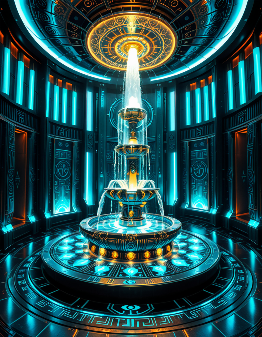 The center of a high-tech, alien temple-laboratory, where dark metallic walls shimmer under the glow of cyan vertical light tubes and faint sacred runes. In the middle of the chamber lies an elaborate biomechanical fountain, rising like an altar from a circular platform of engraved metal. The fountain pulses with iridescent liquid light, flowing in gravity-defying streams that spiral upward before cascading back into a glowing basin etched with ritual patterns. Bioluminescent veins run through the structure, illuminating the surrounding floor like circuitry. Overhead, a radiant, halo-like design casts a celestial glow, enhancing the surreal, sanctified atmosphere. The space exudes a fusion of sacred ceremony and alien technology, as if the fountain were a source of divine power worshipped by another world.
<lora:high-tech_alien_temple_f0unt41n:1>,high-tech alien temple f0unt41n,<lora:SDXLFaeTastic2400:0.4> <lora:extremely_detailed:0.4> extremely detailed, Masterpiece,best quality,hi res,8k,hi res,8k,award winning,(sharp focus, intricate, highly detailed),