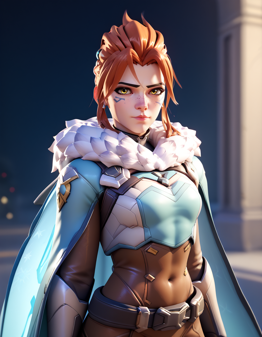 score_9, score_8_up, score_7_up, high-res, 2k, best quality, 3d, solo focus, frejaow, freja (overwatch), fur trim, cape,   <lora:Freja_ow_pony-000040:1>  Rubbing nose against shoulder blade
