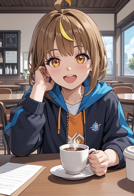score_4,score_5,score_6,score_7_up,score_8_up,score_9 ((masterpiece,best quality,ultra detailed,highres,HD,4k:1.2)),
1 boy, solo,solo focus,girl focus,face focus,
Shiron(normal),brown hair,multicolored hair,yellow streaked hair,bangs,ahoge,sidelocks,orange eyes, petite,
indoor, cafe, pov date, across table pov, across table, Coffee on the table,sitting,
looking at viewer,blush,happy,open mouth,