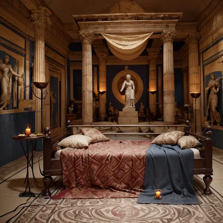(masterpiece:1.2), (best quality,:1.2), 8k, HDR, ultra detailed, ((photorealistic)), professional light, cinematic lighting, fashion photography, ambient lighting, face lighting, <lora:detail_slider_v4:1>, Fantasy picture, OverallDetail, ancient roman room with a statue and candles in it and a bed in the middle of the room with a blue blanket on it and a blue blanket on the floor, RomInt, <lora:RomanInterior-10:1>, epiCPhoto