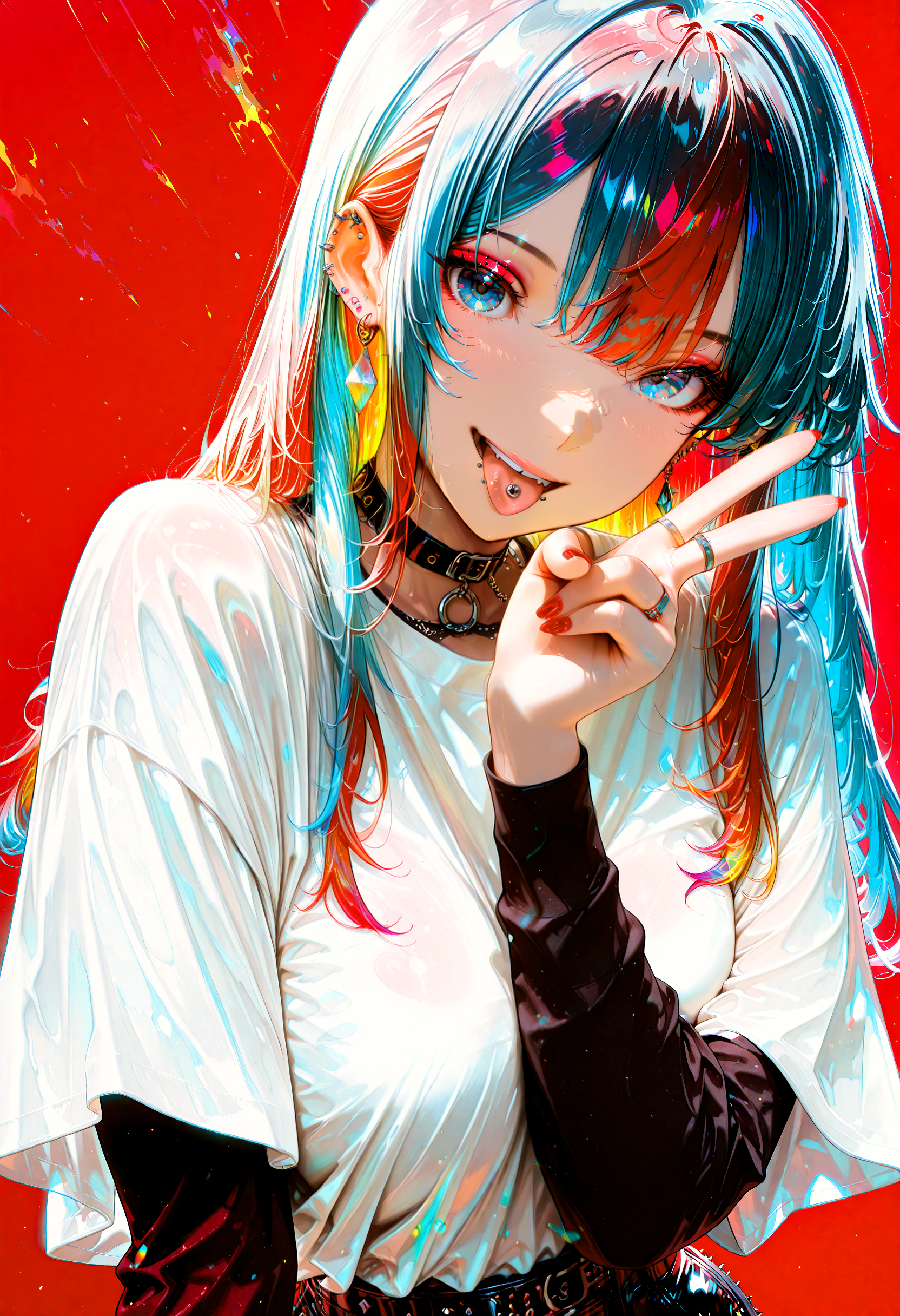 1girl, solo, tongue, jewelry, piercing, red background, tongue out, ear piercing, earrings, multicolored hair, ring, red hair, shirt, simple background, v, tongue piercing, choker, looking at viewer, long hair, white shirt, nail polish, bangs, layered sleeves, short over long sleeves, upper body, short sleeves, red nails, blue eyes, hand up, spikes, fingernails, smile, collar, t-shirt, long sleeves, conept art, trending on ArtStation, 
 nyonku,  detailed background, detailed foreground,detailed clothing, vibrant colors, detailed hair,masterpiece, best quality,detailed eyes, detailed skin,skin folds,light particles, bokeh,volumetric lighting, dramatic lighting,cinematic,dark,shadow, shallow depth of field, natural light,cinematic shading